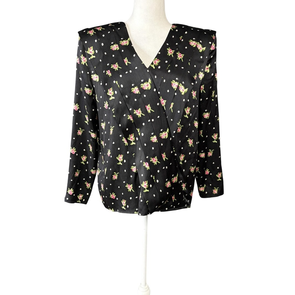 Vintage Miss O By Oscar De La Renta Blouse Womens 6 Black Floral Silk Top